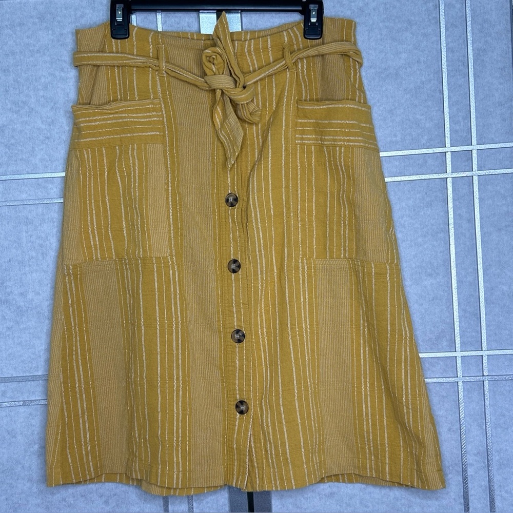 Indigo Rising Midi Skirt Womens Linen Cotton Striped Button Pocket 70’s